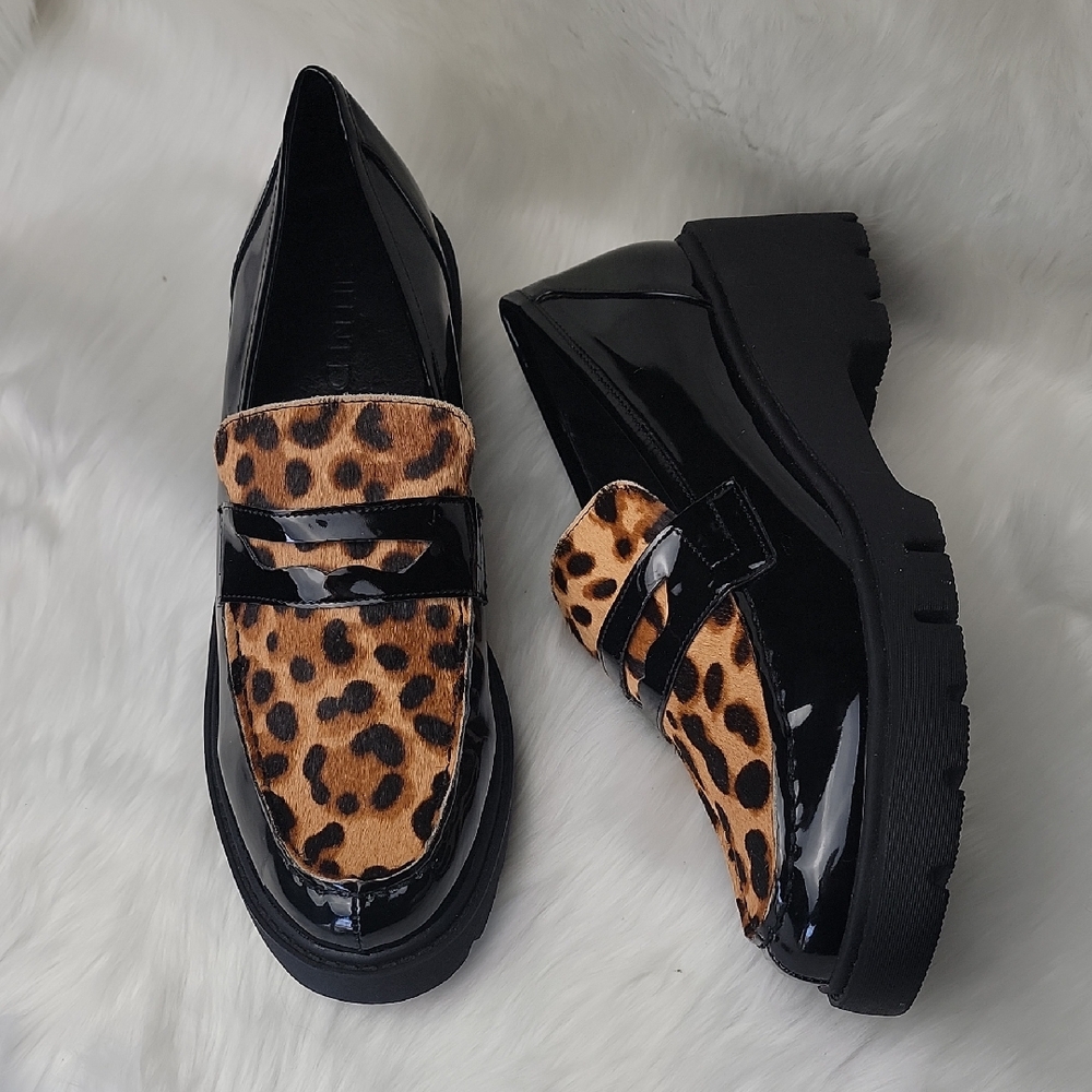 SILENT D Black Patent Leather Calf Hair Leopard Chunky Y2K Platform Loafer 9